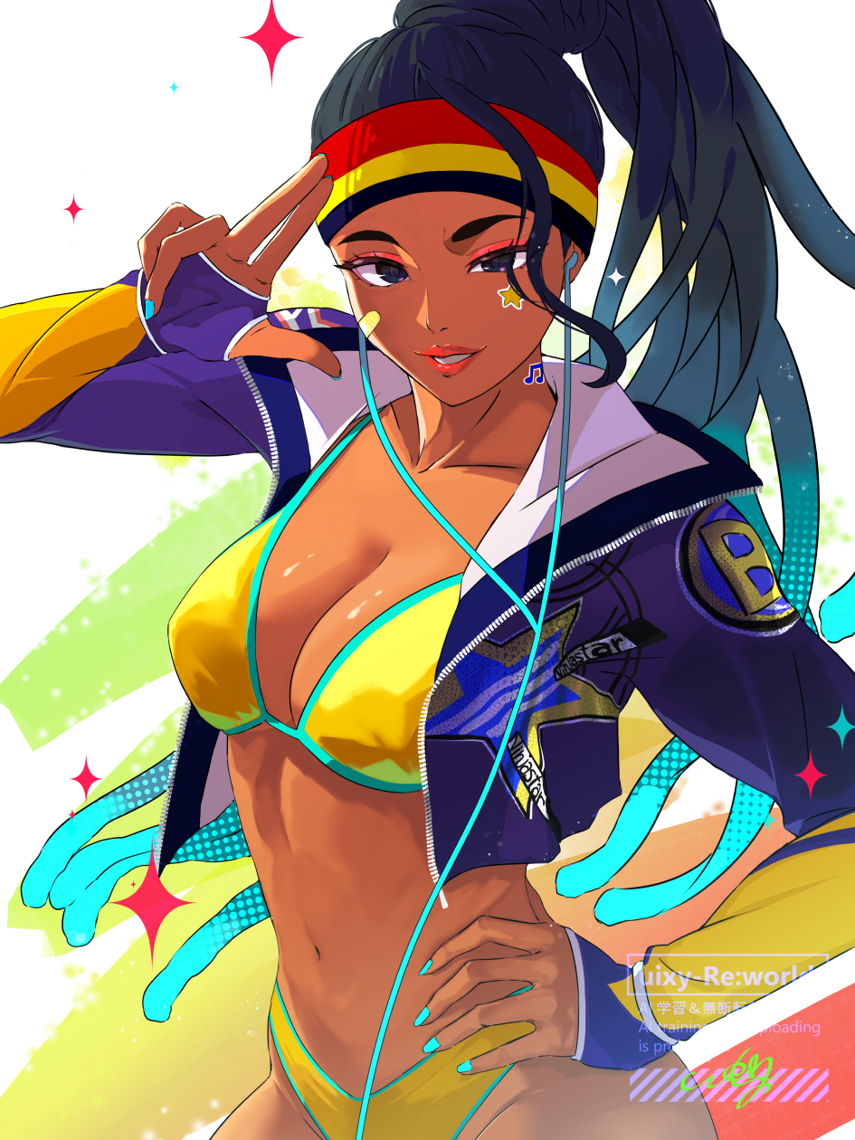 uixy, kimberly jackson, street fighter, street fighter 6, commentary, highres, 1girl, aqua nails, arm up, artist name, bandaid, bandaid on cheek, bandaid on face, bikini, blue jacket, breasts, collarbone, cropped jacket, dark-skinned female, dark skin, dreadlocks, earphones, hand on own hip, headband, jacket, lipstick, long hair, looking at viewer, makeup, multicolored headband, musical note sticker, nail polish, navel, official alternate costume, parted lips, print jacket, red lips, solo, star (symbol), star print, star sticker, sticker on face, swimsuit, watermark, yellow bikini