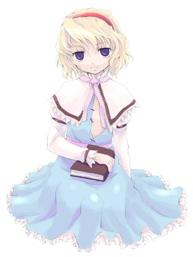 alice margatroid, touhou, 1girl, blonde hair, capelet, female focus, hairband, open clothes, open shirt, shirt, short hair, smile, solo