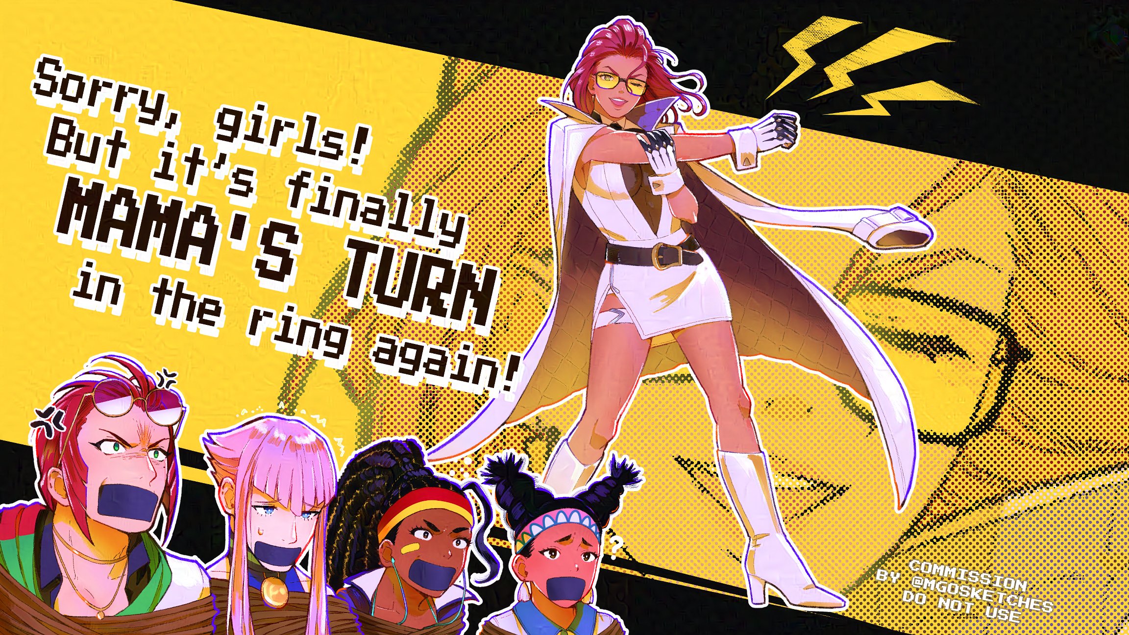 mango (mgosketches), kimberly jackson, marisa (street fighter), street fighter, street fighter 6, highres, 5girls, anger vein, black hair, bound, dark-skinned female, dark skin, english text, gag, gloves, improvised gag, looking at viewer, multiple girls, pink hair, red hair, smile, tape, tape gag, white gloves