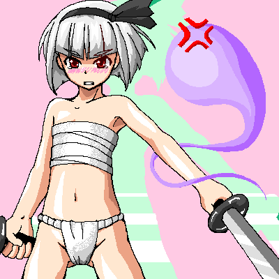 konpaku youmu, konpaku youmu (ghost), touhou, lowres, 1girl, blush, female focus, fundoshi, hitodama, japanese clothes, katana, loincloth, oekaki, sarashi, short hair, solo, sword, weapon