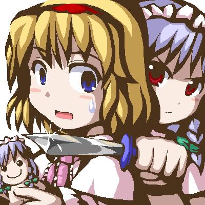 fukaiton, alice margatroid, izayoi sakuya, touhou, lowres, 2girls, angry, blade to throat, blonde hair, blue eyes, blue hair, blush stickers, braid, character doll, dagger, doll, female focus, hairband, holding, holding dagger, holding knife, holding weapon, knife, maid headdress, multiple girls, oekaki, open mouth, red eyes, side braid, smile, sweatdrop, throwing knife, twin braids, weapon