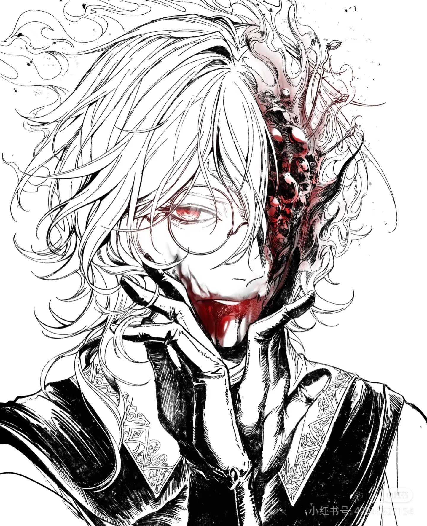 bloodborne, highres, 1boy, bishounen, blood, card0lotus, corruption, glasses, gloves, laurence the first vicar (human), looking at viewer, portrait, red eyes, short hair, solo, spot color, white background