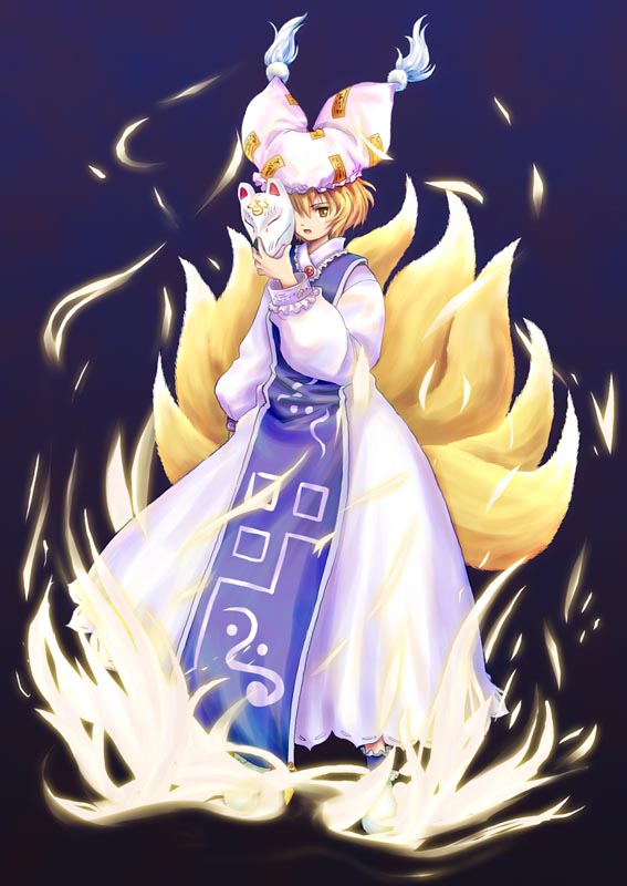 yakumo ran, touhou, 1girl, animal hat, blonde hair, dress, female focus, fox mask, fox tail, hat, long sleeves, mask, mob cap, multiple tails, short hair, solo, tabard, tail, tassel, white dress, yellow eyes
