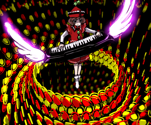 lyrica prismriver, touhou, 1girl, brown eyes, brown hair, buttons, danmaku, female focus, frilled hat, frilled shirt collar, frills, hat, instrument, keyboard, keyboard (instrument), music, no shoes, playing instrument, red hat, red shirt, red shorts, shaded face, shirt, short hair, shorts, socks, solo, star (symbol), white sleeves, white socks