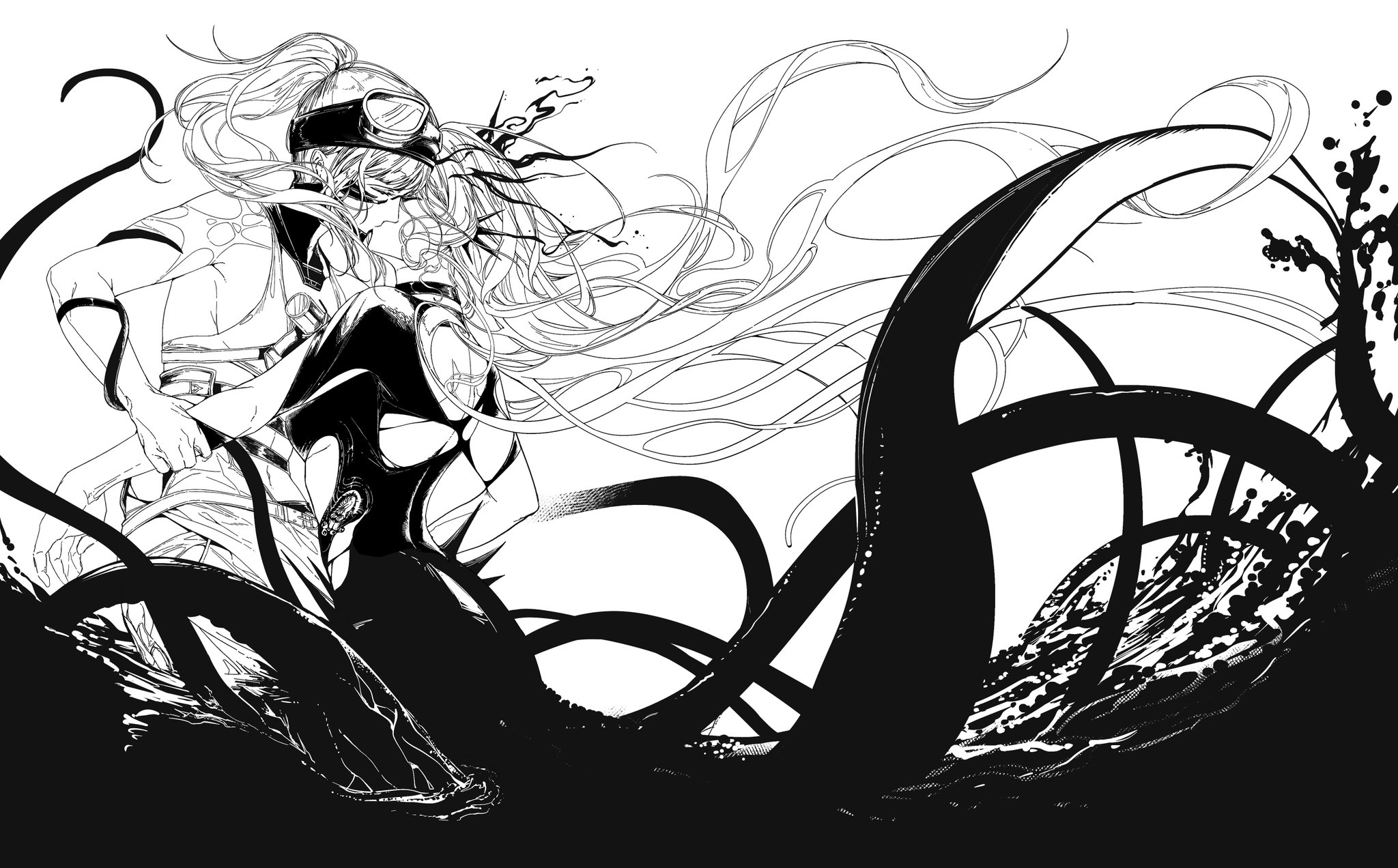 pylgia (path to nowhere), vanilla (path to nowhere), path to nowhere, highres, card0lotus, closed eyes, grabbing another's arm, greyscale, kiss, monochrome, tentacles, white background, yuri