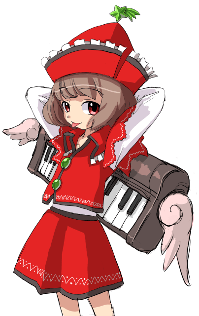 lyrica prismriver, touhou, 1girl, arms behind head, brown hair, buttons, female focus, flat chest, frilled hat, frilled shirt collar, frills, hat, instrument, keyboard, keyboard (instrument), long sleeves, red eyes, red shirt, red skirt, shirt, short hair, simple background, skirt, solo, star (symbol), tongue, tongue out, white shirt