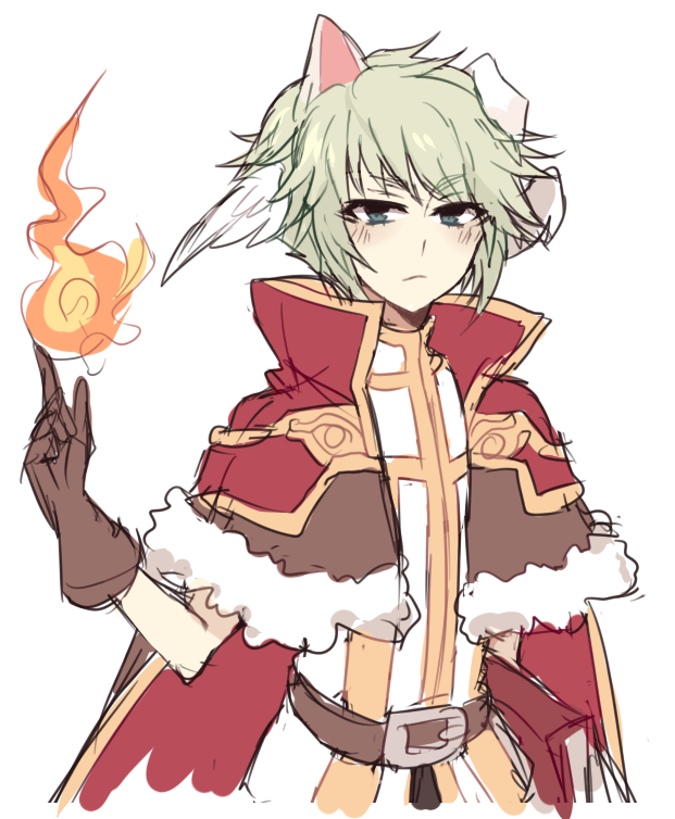 high wizard (ragnarok online), ragnarok online, 1boy, animal ears, astrarunia, book, boots, brown boots, brown gloves, cape, closed mouth, dog boy, dog ears, expressionless, feathered wings, fire, fur-trimmed cape, fur trim, gloves, green eyes, green hair, hand up, head wings, holding, holding book, looking at viewer, male focus, pyrokinesis, red cape, shirt, short hair, simple background, solo, upper body, white background, white shirt, white wings, wings