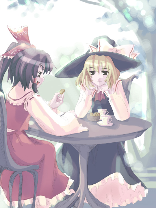 takanashi akihito, hakurei reimu, kirisame marisa, touhou, 2girls, blonde hair, brown eyes, brown hair, chair, cup, female focus, hair ribbon, hair tubes, hat, head rest, multiple girls, ribbon, saucer, sitting, smile, table, witch hat