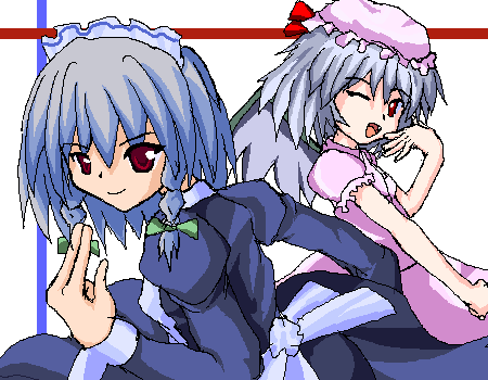 izayoi sakuya, remilia scarlet, embodiment of scarlet devil, touhou, lowres, 2girls, female focus, maid, multiple girls, oekaki, red eyes