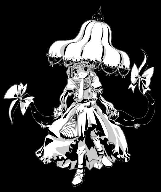 haniwa (leaf garden), yakumo yukari, touhou, 1girl, crossed legs, female focus, folding fan, gap (touhou), greyscale, hand fan, long hair, monochrome, solo, umbrella