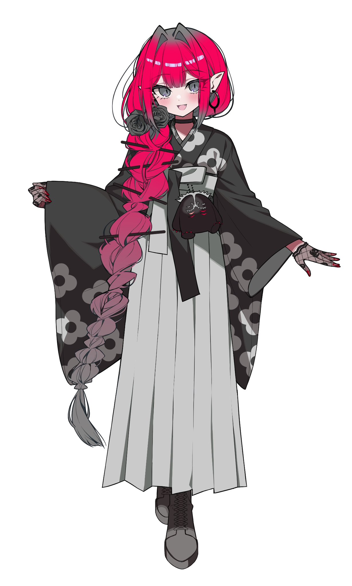 hoshino reiji, baobhan sith (fate), cernunnos (fate), fate/grand order, fate (series), highres, 1girl, baobhan sith (over the same sky) (fate), black boots, black kimono, blush, boots, breasts, earrings, floral print, full body, grey eyes, grey hakama, hakama, hakama skirt, japanese clothes, jewelry, kimono, long hair, long sleeves, looking at viewer, medium breasts, obi, open mouth, pink hair, pointy ears, sash, sidelocks, skirt, smile, solo, stuffed toy, wide sleeves