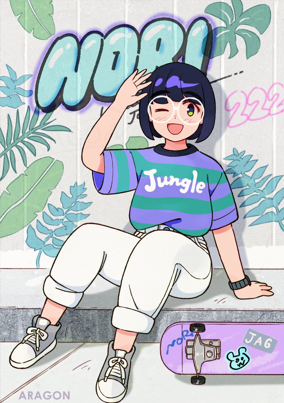 aragon honnin, original, highres, 1girl, arm support, arm up, black hair, blush, glasses, green eyes, green shirt, grey shoes, looking at viewer, multicolored shirt, one eye closed, pants, purple shirt, raised curb, round eyewear, shirt, shoes, short sleeves, sitting, skateboard, smile, solo, striped clothes, striped shirt, t-shirt, watch, white-framed eyewear, white pants, wristwatch
