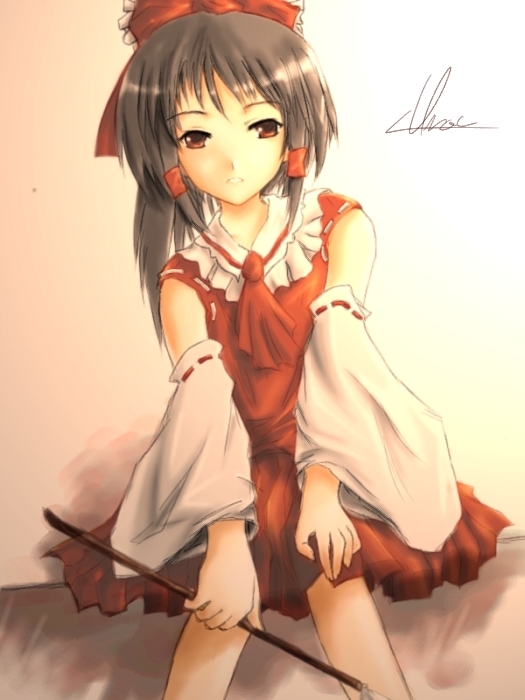 hakurei reimu, touhou, sepia background, 1girl, ascot, black hair, brown eyes, detached sleeves, expressionless, female focus, frills, gohei, hair tubes, long hair, red skirt, sitting, skirt, solo