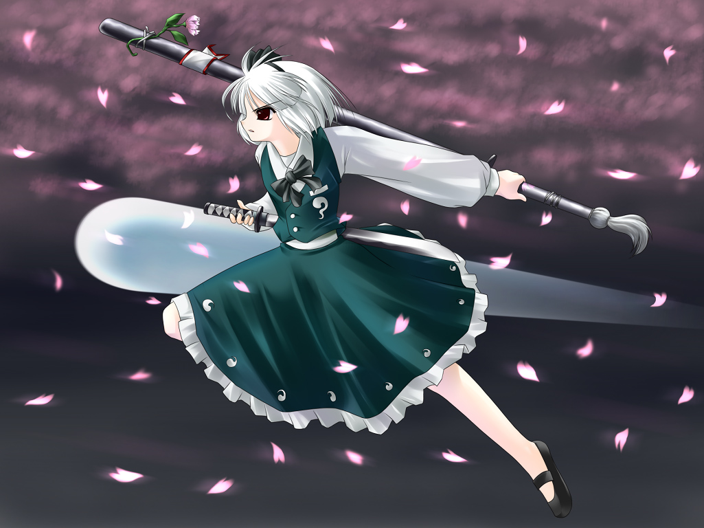 konpaku youmu, konpaku youmu (ghost), touhou, 1girl, albino, dress, dual wielding, female focus, flower, green dress, grey background, hairband, hitodama, holding, petals, red eyes, scabbard, serious, sheath, shoes, short hair, solo, sword, weapon, white hair