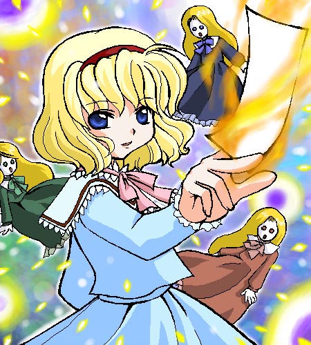 alice margatroid, touhou, lowres, 1girl, blonde hair, blue eyes, bow, card, danmaku, doll, dress, female focus, hair bow, hair ribbon, holding, holding card, long hair, necktie, oekaki, open mouth, ribbon, short hair, smile, solo, spell card