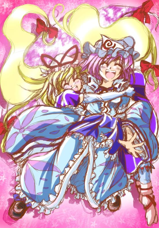 saigyouji yuyuko, yakumo yukari, touhou, white legwear, 2girls, ^ ^, blonde hair, blush, closed eyes, elbow gloves, female focus, full body, gap (touhou), gloves, hat, hug, japanese clothes, long hair, long sleeves, mob cap, multiple girls, pink hair, socks, triangular headpiece, very long hair, white gloves, yuri