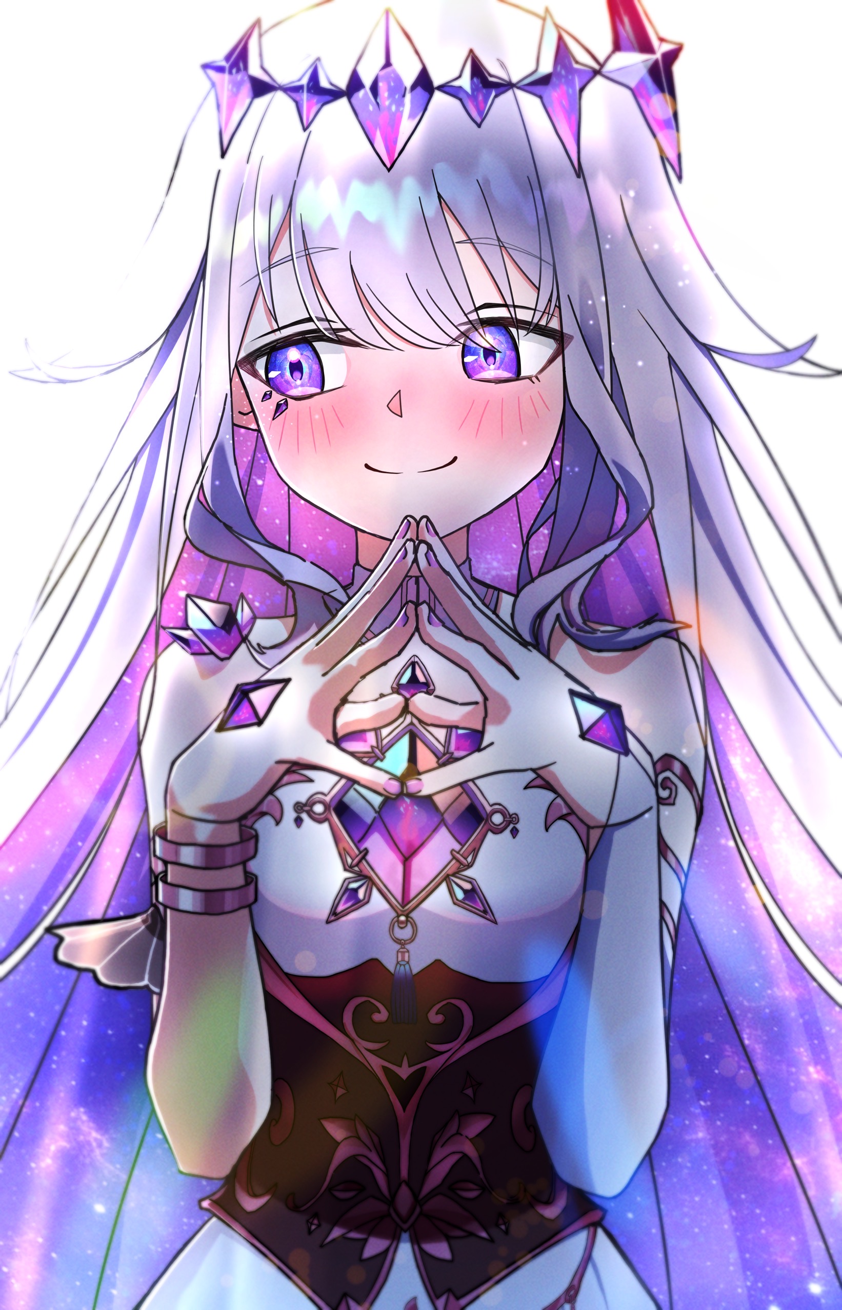 kiiroiusagi0731, koseki bijou, koseki bijou (1st costume), hololive, hololive english, absurdres, highres, 1girl, black corset, blush, chest jewel, colored inner hair, corset, dress, gem, grey hair, jewel under eye, material growth, multicolored hair, own hands together, purple eyes, purple gemstone, purple hair, simple background, solo, virtual youtuber, white background, white dress