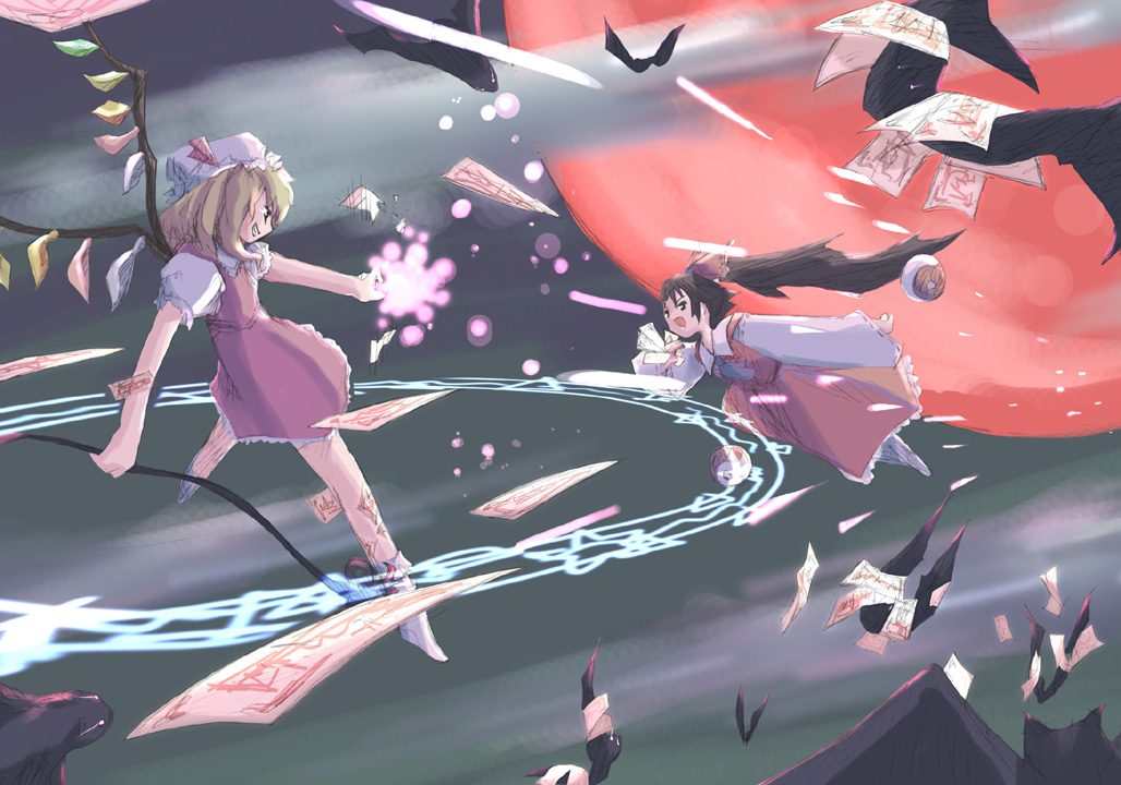 takanashi akihito, flandre scarlet, hakurei reimu, touhou, 2girls, action, ascot, bat (animal), brown hair, danmaku, female focus, fighting, grin, hat, long hair, mob cap, moon, multiple girls, profile, red moon, short hair, smile, socks, wings