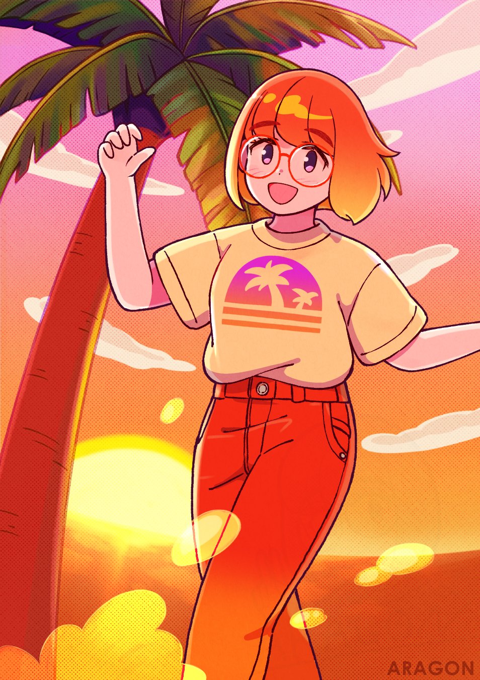 aragon honnin, original, highres, 1girl, blonde hair, bob cut, brown shirt, cloud, gradient hair, looking at viewer, multicolored hair, outdoors, palm tree, pants, purple eyes, red hair, red pants, shirt, short hair, short sleeves, solo, sun, sunset, t-shirt, tree