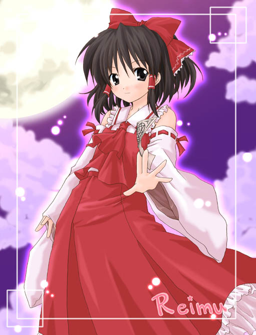 hakurei reimu, touhou, 1girl, ascot, black eyes, black hair, bow, character name, dress, female focus, frills, full moon, hair ribbon, hair tubes, moon, outstretched hand, purple background, red dress, ribbon, short hair, solo