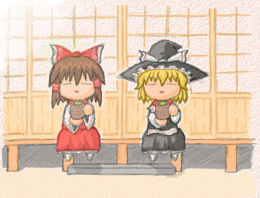 hakurei reimu, kirisame marisa, touhou, 2girls, = =, black dress, blonde hair, bow, brown hair, chibi, cup, dress, female focus, green tea, hair bow, hair tubes, hat, multiple girls, porch, red bow, red dress, tea, witch hat