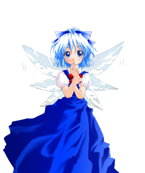 cirno, embodiment of scarlet devil, touhou, 1girl, blue dress, blue eyes, blue hair, blush, bow, dress, female focus, hair ribbon, matching hair/eyes, puffy sleeves, ribbon, short hair, simple background, solo, white background, wings