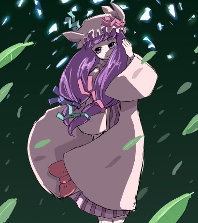 hirosato, patchouli knowledge, touhou, lowres, 1girl, bow, female focus, hat, long hair, low-tied long hair, mob cap, pink bow, purple hair, solo