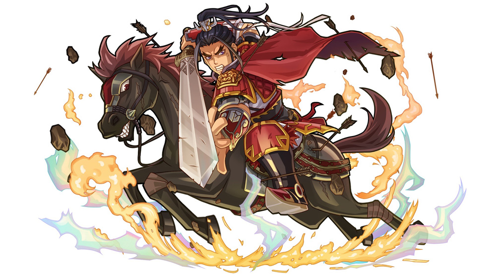 pin5848, xiang yu, sangokushi puzzle taisen, 1boy, armor, cape, chinese clothes, holding, holding sword, holding weapon, horse, looking down, male focus, red cape, sitting on animal, sword, weapon, white background