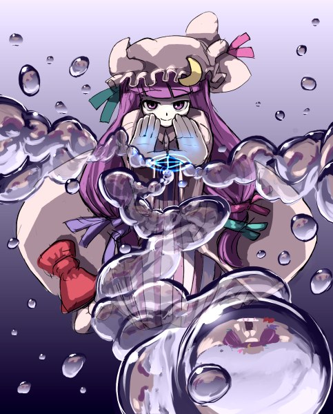 hirosato, patchouli knowledge, touhou, 1girl, blunt bangs, crescent, female focus, gradient background, hat, long hair, purple hair, solo, very long hair