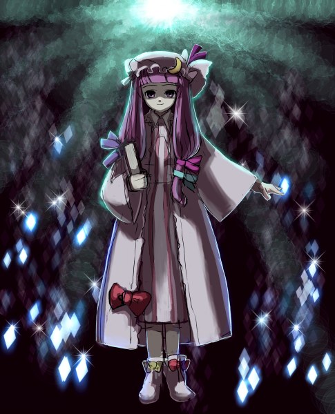 hirosato, patchouli knowledge, touhou, 1girl, book, bow, crescent, female focus, hair ribbon, hat, light smile, long hair, outstretched arm, purple eyes, purple hair, ribbon, solo, tress ribbon, wide sleeves