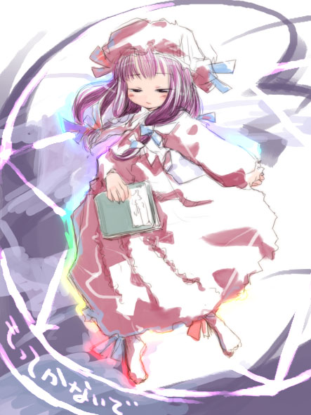 patchouli knowledge, touhou, 1girl, book, female focus, hat, magic circle, mob cap, socks, solo