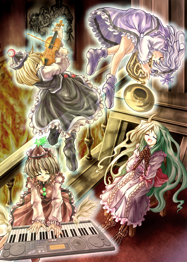 amamizu (myofuu kai), layla prismriver, lunasa prismriver, lyrica prismriver, merlin prismriver, touhou, black footwear, purple footwear, 4girls, ahoge, black hat, black shirt, black skirt, blonde hair, bow, brown hair, closed eyes, crescent, dress, female focus, fire, frilled hat, frilled skirt, frills, green hair, hat, instrument, keyboard, keyboard (instrument), long hair, moon, multiple girls, music, own hands clasped, own hands together, pink bow, pink dress, playing instrument, purple dress, purple hair, purple hat, red dress, red hat, red moon, sad, shirt, shoes, short hair, siblings, sisters, skeleton, skirt, trumpet, very long hair, violin, white sleeves, wings