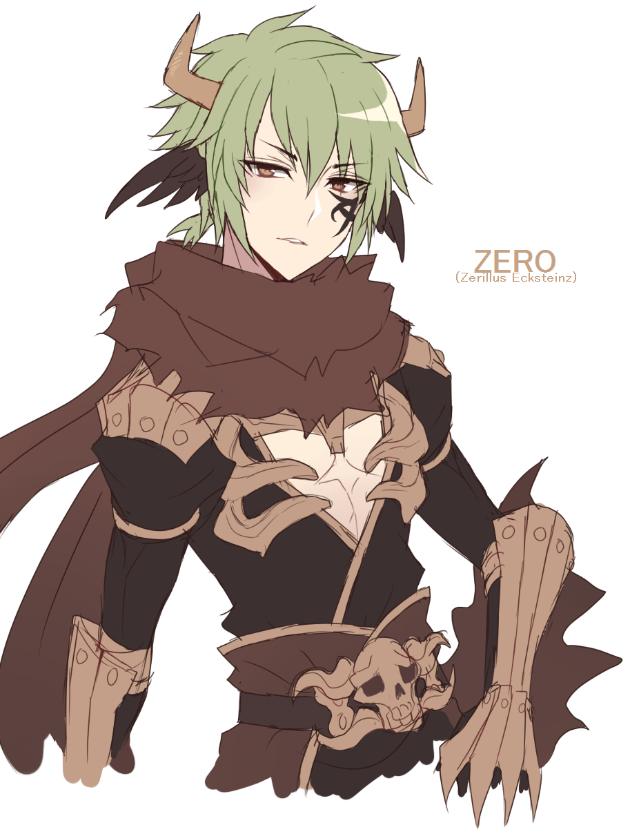 assassin cross (ragnarok online), ragnarok online, highres, 1boy, armor, astrarunia, black gloves, black shirt, black wings, brown horns, brown scarf, character name, cheek tattoo, feathered wings, gloves, green hair, hair between eyes, head wings, horns, looking at viewer, male focus, parted lips, pauldrons, scarf, shirt, short hair, shoulder armor, simple background, skull, solo, tattoo, upper body, v-shaped eyebrows, vambraces, white background, wings