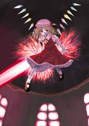 kagura mizuki, flandre scarlet, touhou, lowres, 1girl, ascot, blonde hair, female focus, hat, hat ribbon, laevatein, long sleeves, one side up, ponytail, red eyes, ribbon, short hair, side ponytail, solo, weapon, wings