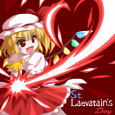 deeptake (artist), fukaiton, flandre scarlet, touhou, lowres, translated, 1girl, :d, blonde hair, blush stickers, dress, english text, fang, female focus, hat, hat ribbon, mob cap, oekaki, open mouth, pixel art, red background, red eyes, red theme, ribbon, side ponytail, smile, solo, wings