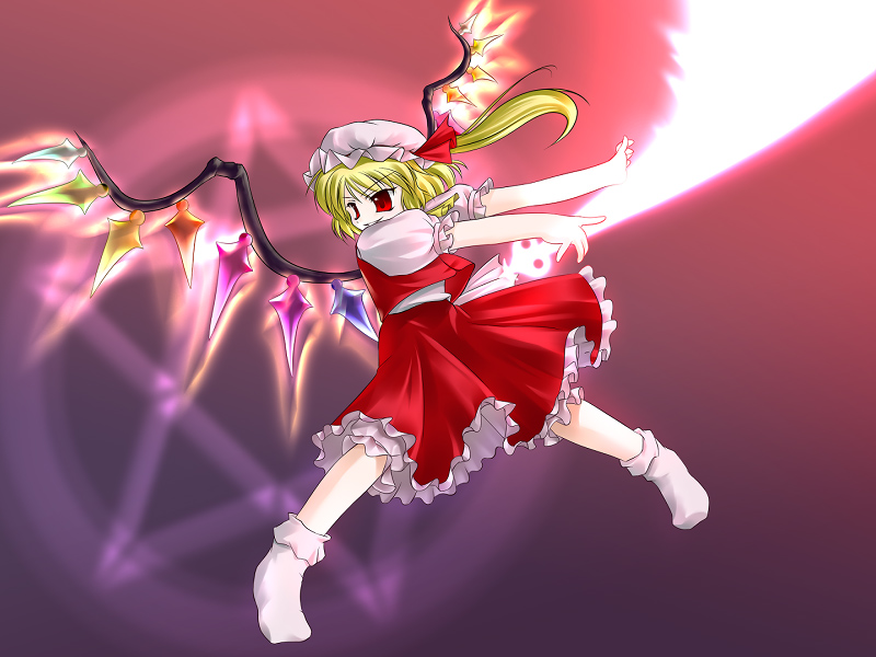 suematsu jerry, flandre scarlet, touhou, 1girl, blonde hair, dress, female focus, gradient background, hat, hexagram, laevatein, mob cap, pink background, purple background, red dress, red eyes, short hair, side ponytail, smile, socks, solo, wings