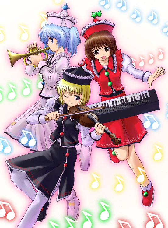 tsuyadashi shuuji, lunasa prismriver, lyrica prismriver, merlin prismriver, touhou, eyebrows, 3girls, blonde hair, blue hair, brown eyes, brown hair, collar, female focus, hair between eyes, hat, instrument, keyboard, keyboard (instrument), long sleeves, multiple girls, musical note, one eye closed, open mouth, pantyhose, pleated skirt, puffy sleeves, quaver, short hair, siblings, sisters, skirt, smile, trumpet, twintails, violin