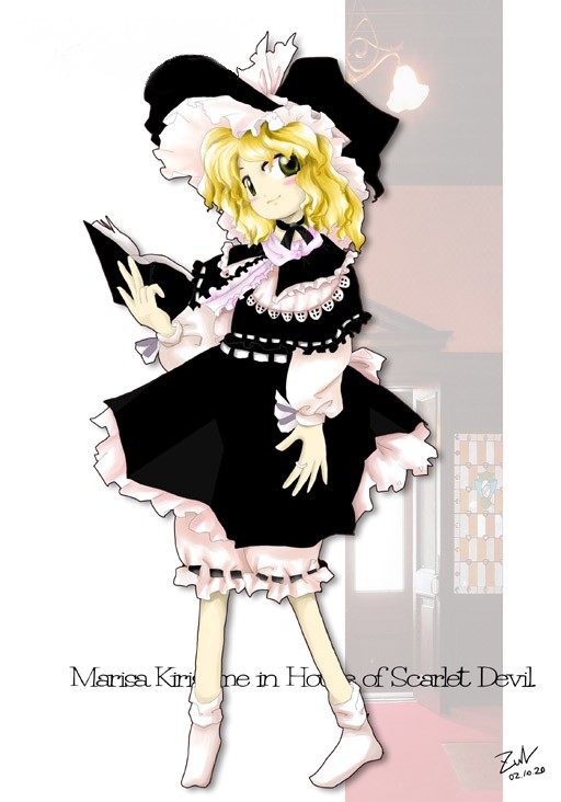 zun (artist), kirisame marisa, portrait of exotic girls, touhou, 1girl, bad anatomy, bad hands, blonde hair, bloomers, book, female focus, hat, poorly drawn, signature, socks, solo, underwear, white bloomers, witch hat