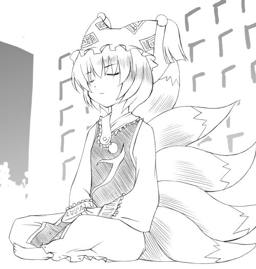 yakumo ran, touhou, 1girl, animal hat, barefoot, closed eyes, dress, female focus, fox tail, greyscale, hands on lap, hat, indian style, long sleeves, mob cap, monochrome, multiple tails, short hair, sitting, solo, tabard, tail, tassel, white dress