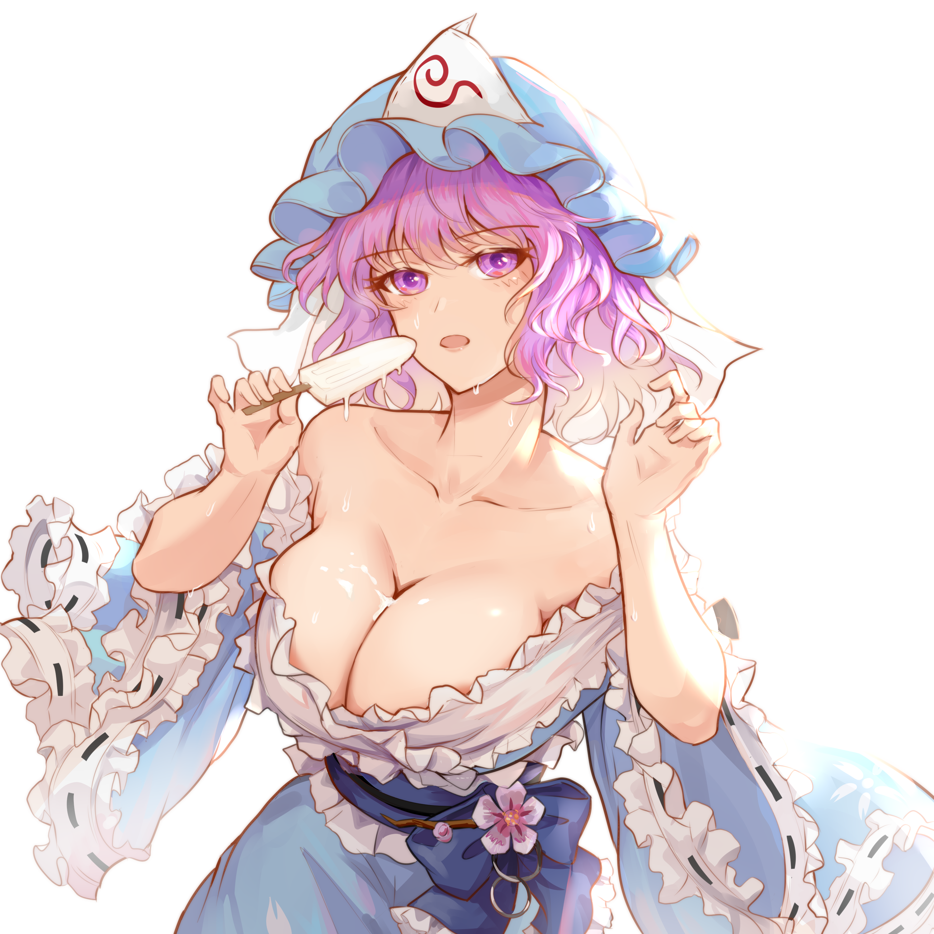 edz drawz, saigyouji yuyuko, touhou, absurdres, highres, 1girl, blue bow, blue dress, blue hat, blue sash, bow, breasts, cleavage, collarbone, dress, dress slip, food, frilled dress, frilled sash, frilled sleeves, frills, hat, holding, holding food, holding popsicle, large breasts, medium hair, melting popsicle, mob cap, open mouth, pink eyes, pink hair, popsicle, ribbon-trimmed sleeves, ribbon trim, sash, solo, triangular headpiece, upper body, wide sleeves