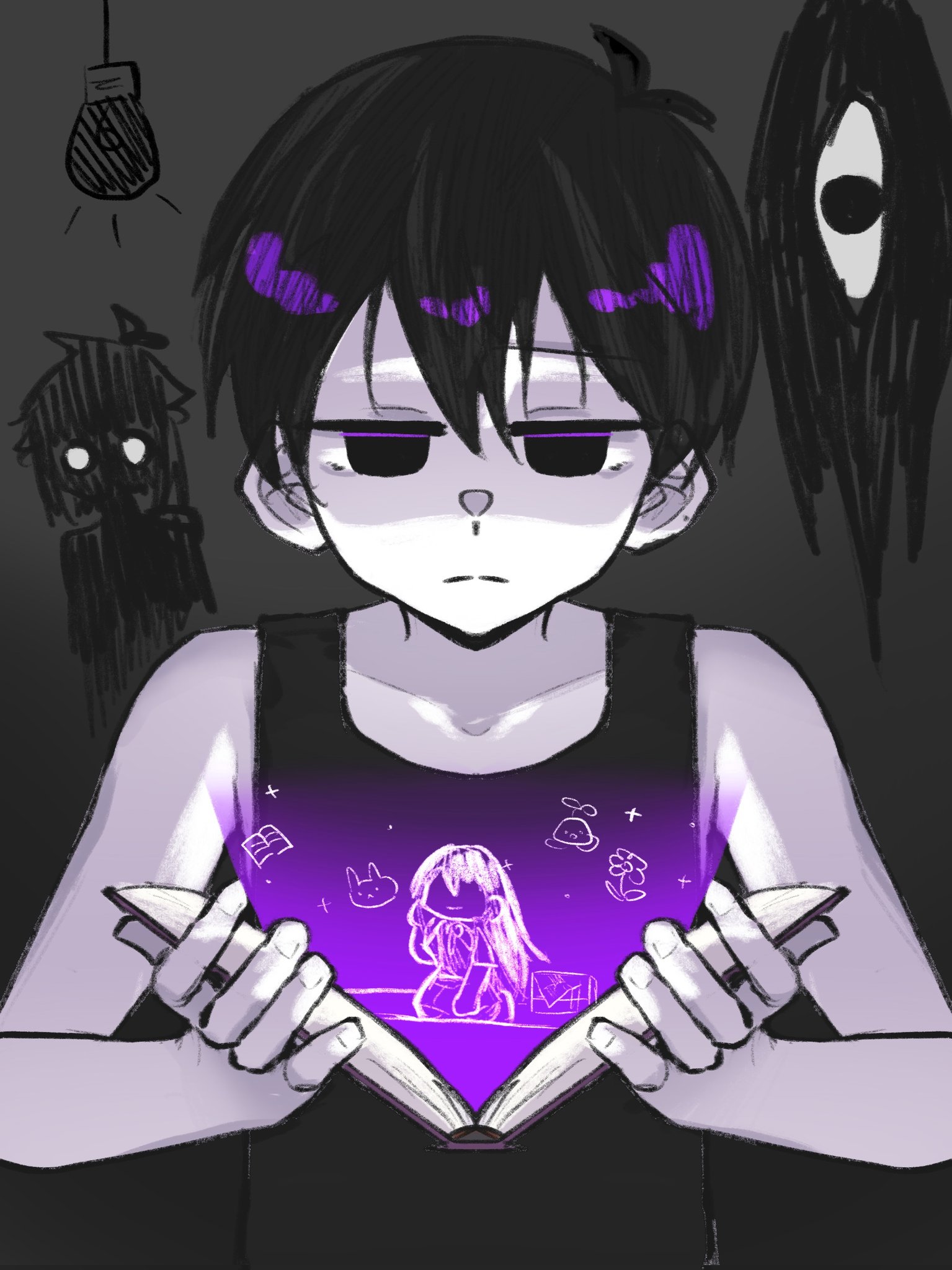 qinliu cat, mari (headspace) (omori), mari (omori), omori (omori), something (omori), stranger (omori), omori, highres, 2boys, antenna hair, black eyes, black hair, black skin, black tank top, book, closed mouth, collarbone, colored skin, double-parted bangs, expressionless, holding, holding book, light bulb, male focus, multiple boys, open book, short hair, tank top, upper body, white skin