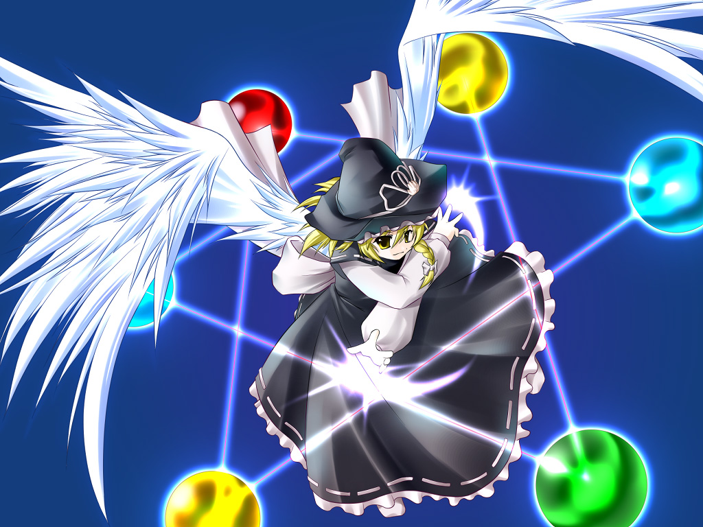 suematsu jerry, kirisame marisa, kirisame marisa (seihou), seihou, shuusou gyoku, touhou, 1girl, angel wings, black dress, black hat, blonde hair, blue background, bow, braid, dress, female focus, frilled dress, frills, gem, hat, hat ribbon, hexagram, long sleeves, orb, puffy long sleeves, puffy sleeves, ribbon, sash, short hair, solo, white bow, white ribbon, white sleeves, wings, witch hat, yellow eyes