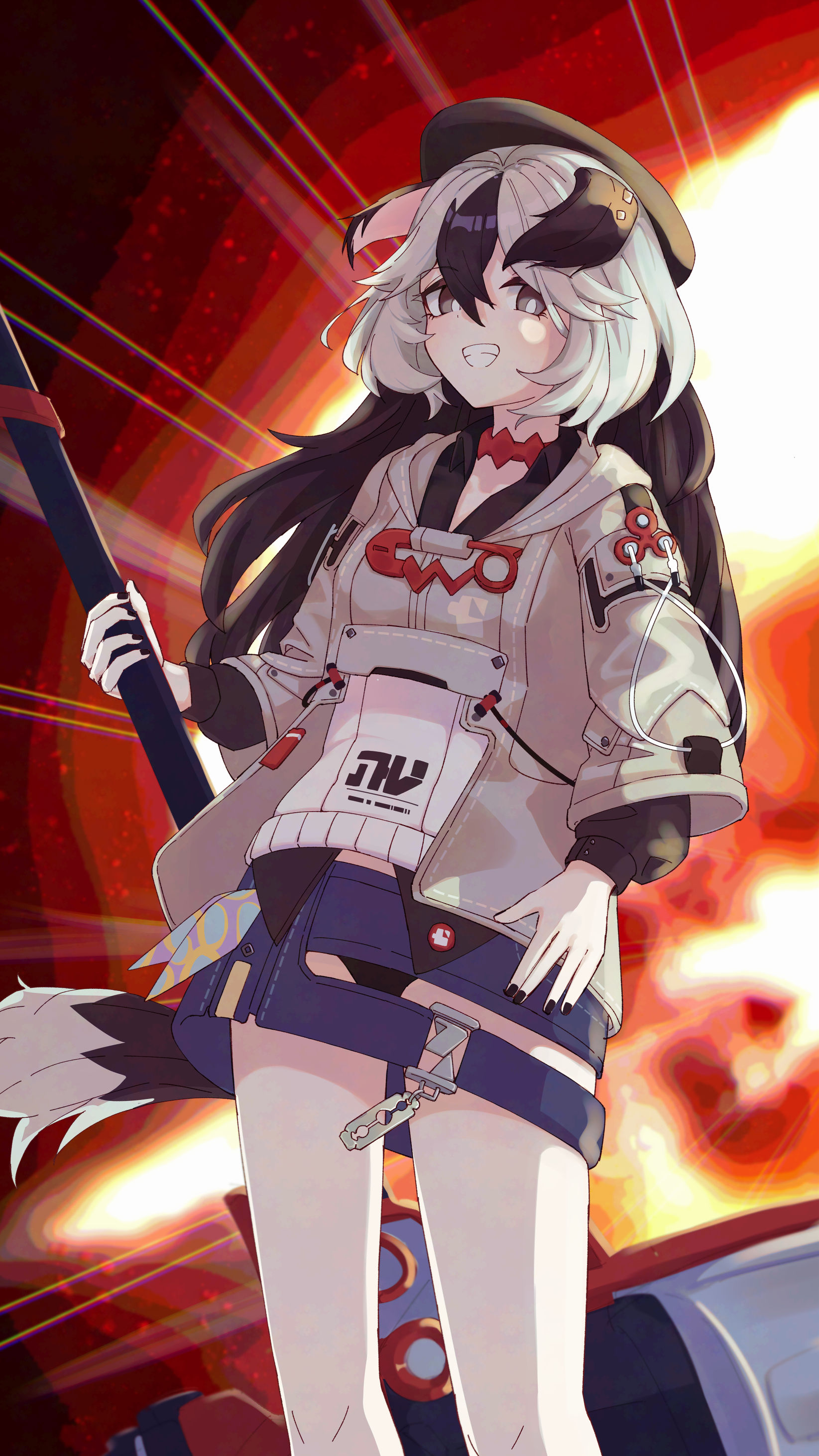 erio dazima, coralie 6626 planck, coralie 6626 planck (valkyrie blastmetal), honkai (series), honkai impact 3rd, absurdres, commentary request, highres, 1girl, animal ears, beret, black hair, black hat, black nails, black panties, blue skirt, dog ears, dog girl, dog tail, ear piercing, grey eyes, grey hair, grey jacket, grin, hat, holding, jacket, long hair, long sleeves, looking at viewer, multicolored hair, nail polish, panties, piercing, puffy long sleeves, puffy sleeves, shirt, skirt, smile, solo, tail, two-tone hair, underwear, very long hair, white shirt