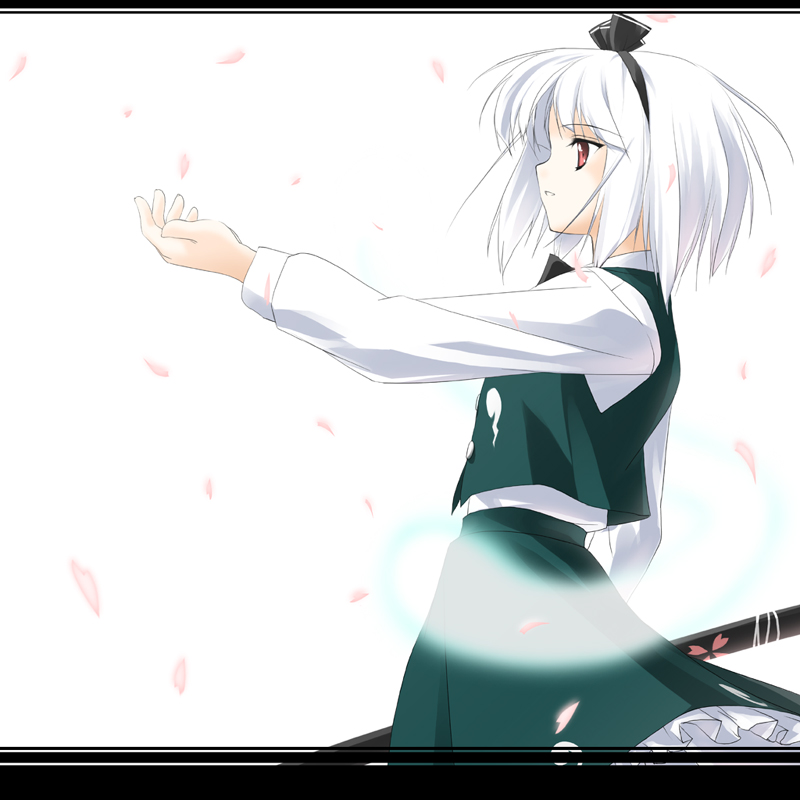 rokuwata tomoe, konpaku youmu, konpaku youmu (ghost), touhou, looking away, silver hair, 1girl, black hairband, bob cut, cherry blossoms, expressionless, female focus, hairband, hitodama, katana, letterboxed, long sleeves, outstretched hand, parted lips, petals, profile, red eyes, sheath, sheathed, shirt, skirt, skirt set, solo, standing, sword, weapon