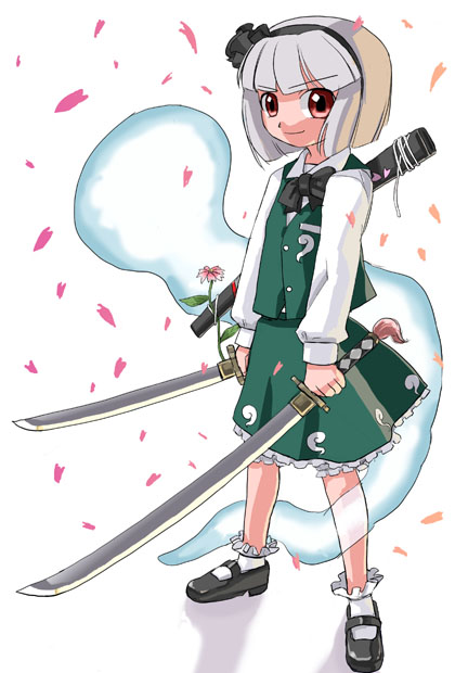 hirosato, konpaku youmu, konpaku youmu (ghost), touhou, 1girl, albino, black hairband, bobby socks, bow, dress, dual wielding, female focus, flower, green dress, grey hair, hairband, holding, mary janes, petals, red eyes, ribbon, shoes, short hair, smile, socks, solo, sword, weapon, white background