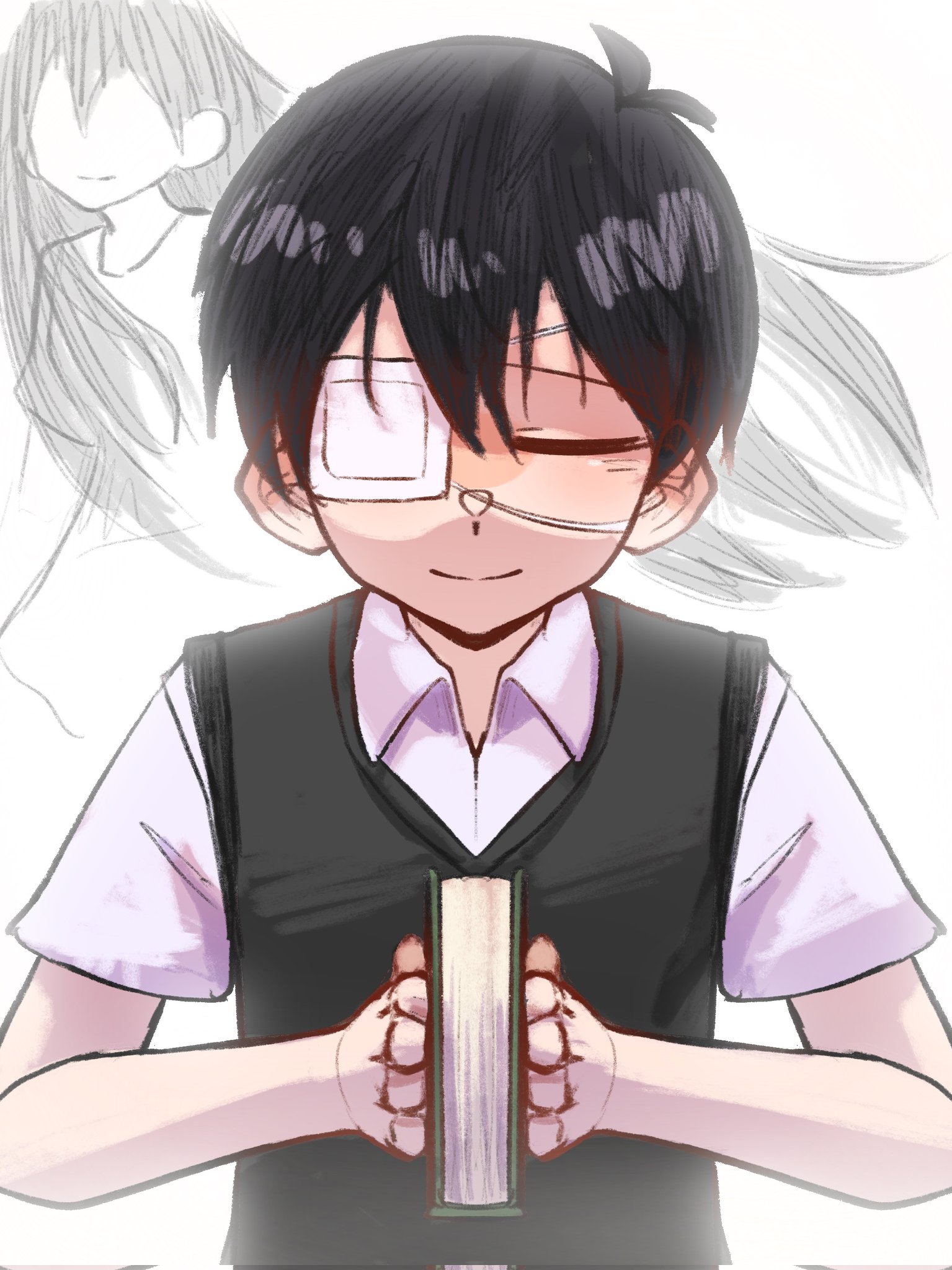 qinliu cat, mari (omori), mari (spirit) (omori), sunny (omori), omori, corrupted twitter file, highres, spoilers, 1boy, 1girl, antenna hair, black hair, black sweater vest, brother and sister, closed eyes, closed mouth, collared shirt, eyepatch, faceless, faceless female, long hair, shirt, short hair, short sleeves, siblings, smile, sweater vest, upper body, white shirt