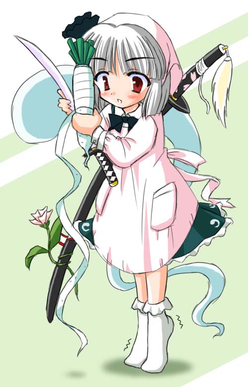 yamu (reverse noise), konpaku youmu, konpaku youmu (ghost), touhou, eyebrows, 1girl, blush, bow, collar, cooking, daikon, female focus, flower, grey hair, hair between eyes, hitodama, katana, long sleeves, no shoes, open mouth, overexposure, peeling, pocket, radish, red eyes, short hair, sleeves past wrists, socks, solo, sword, tiptoes, weapon