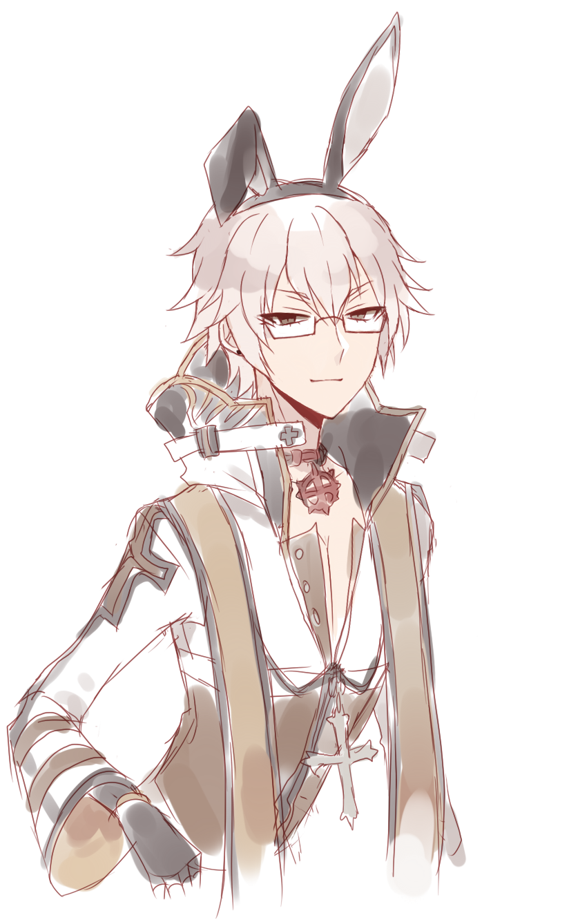 arch bishop (ragnarok online), ragnarok online, commentary, english commentary, highres, 1boy, animal ears, astrarunia, black-framed eyewear, black gloves, brown coat, brown eyes, choker, closed mouth, coat, cropped jacket, cross, cross choker, cross necklace, cross of prontera, fake animal ears, glasses, gloves, grey hair, jacket, jewelry, looking at viewer, male focus, necklace, rabbit ears, short hair, simple background, smile, solo, upper body, white background, white jacket