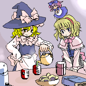 dool, alice margatroid, hourai doll, kirisame marisa, touhou, lowres, 2girls, apron, blonde hair, blue eyes, book, bowl, brown eyes, capelet, cup, female focus, flying, hat, multiple girls, oekaki, table, tea, teapot, witch hat
