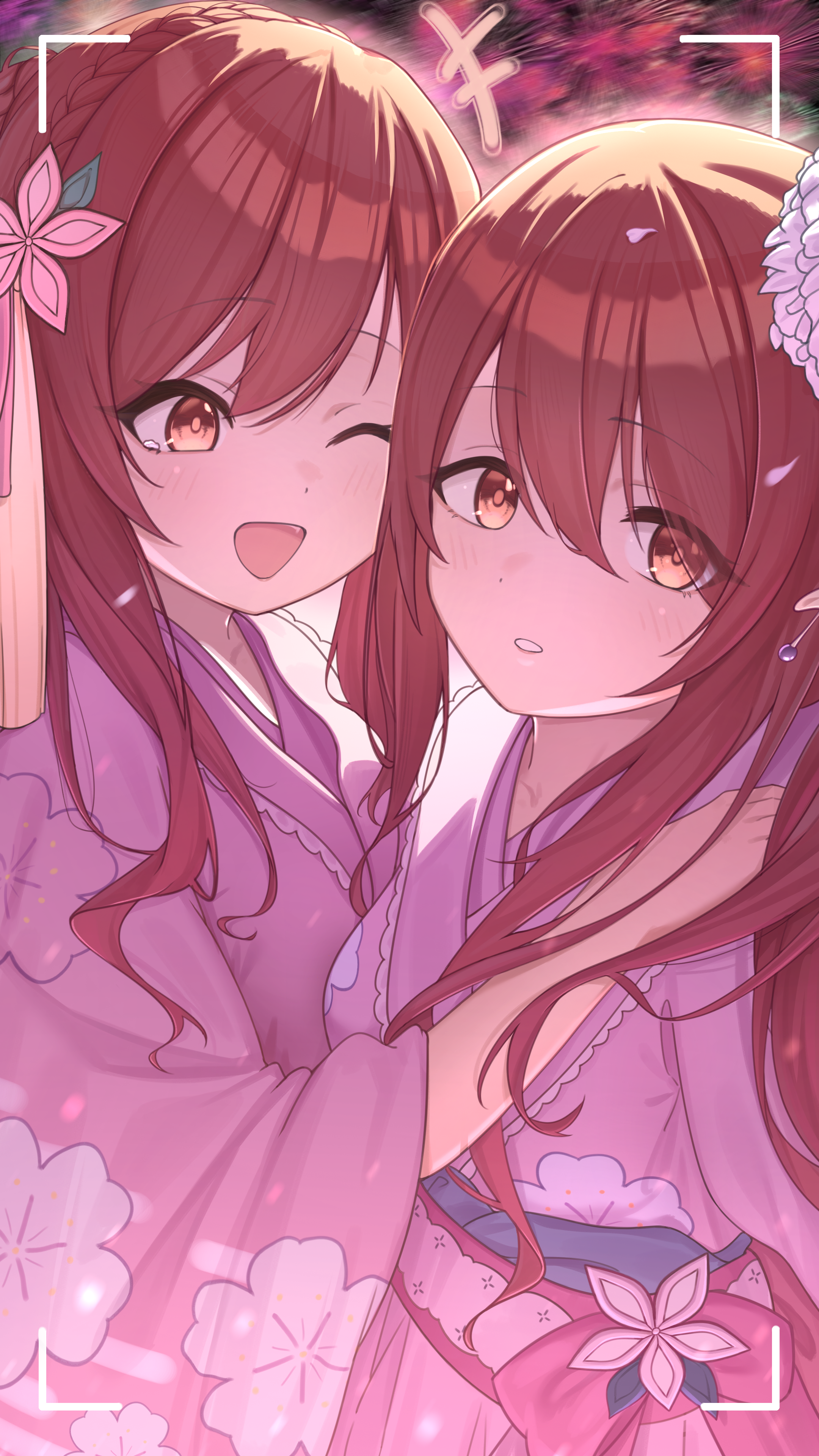 kamory, osaki amana, osaki tenka, idolmaster, idolmaster shiny colors, absurdres, highres, 2girls, blush, braid, crown braid, fireworks, floral print, floral print kimono, hair ornament, hug, japanese clothes, kimono, long hair, long sleeves, looking at another, looking at viewer, multiple girls, official alternate costume, official alternate hairstyle, one eye closed, open mouth, pink kimono, print kimono, red hair, siblings, sisters, smile, swept bangs, taking picture, tears, twins, viewfinder, wide sleeves, yellow eyes, yukata